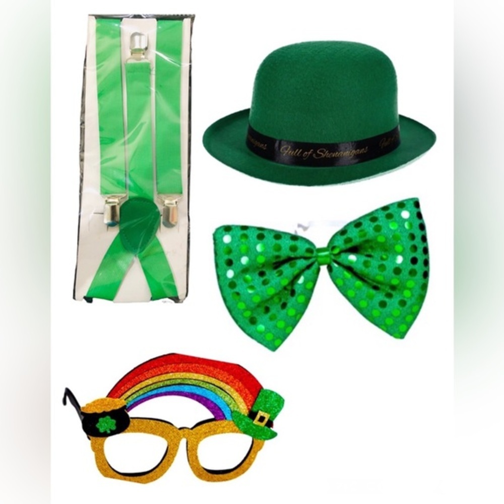 4pc green festive carnival accessories-glasses, fedora, sequin bow, suspenders